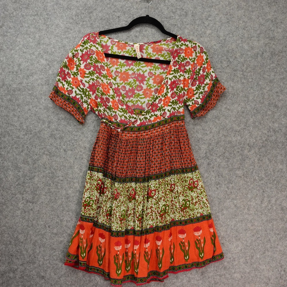 Boho Festival Wrap Dress Womens SMALL Orange Green Botanical Folk Patchwork RAGA